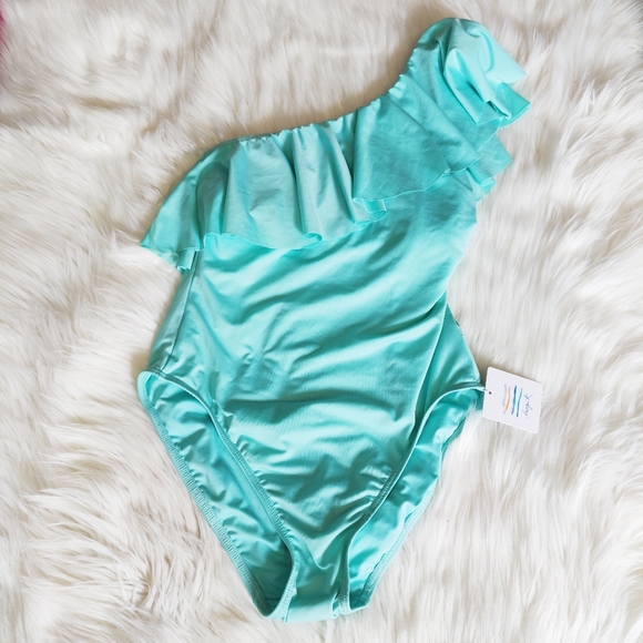 Tropik Mint Green One Shoulder Ruffle Swimsuit NWT - Picture 3 of 10